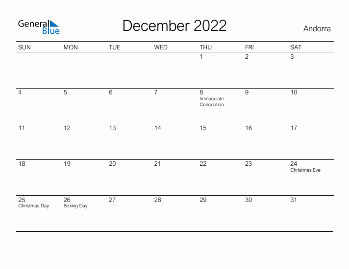 Printable December 2022 Calendar for Andorra