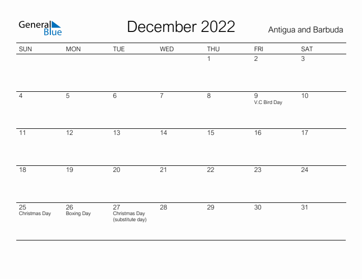 Printable December 2022 Calendar for Antigua and Barbuda