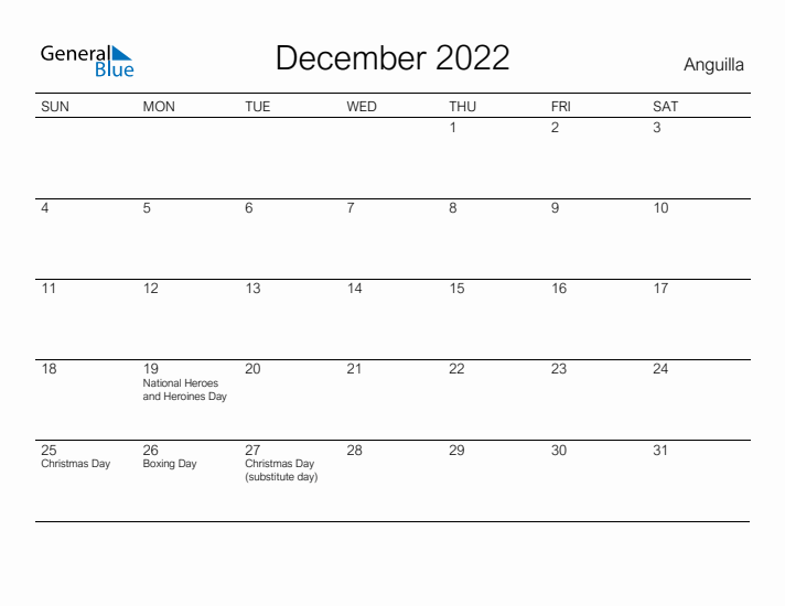 Printable December 2022 Calendar for Anguilla