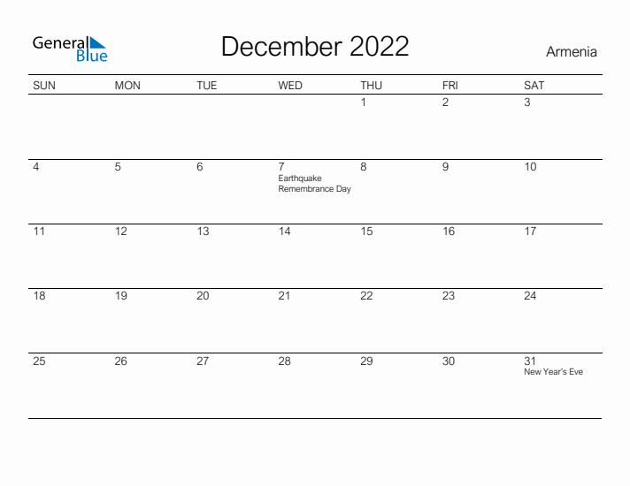 Printable December 2022 Calendar for Armenia