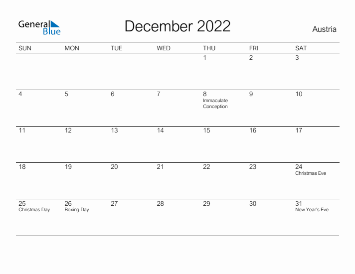 Printable December 2022 Calendar for Austria
