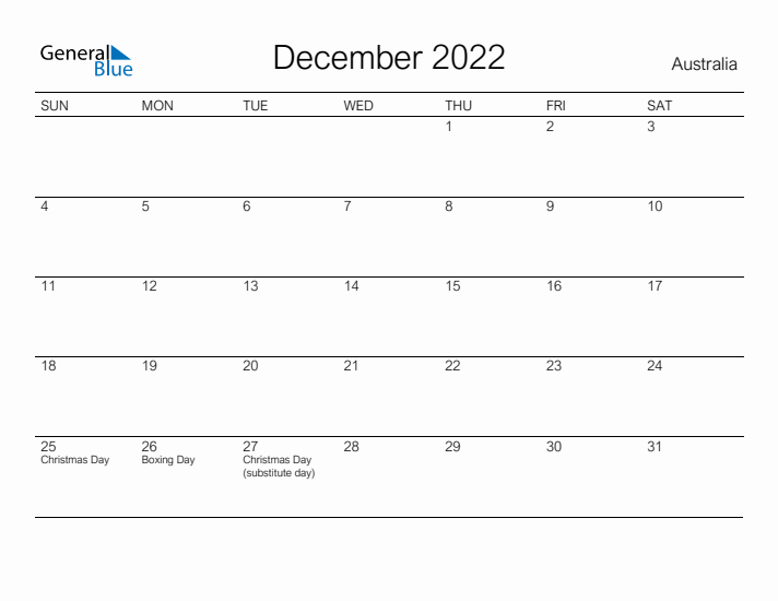 Printable December 2022 Calendar for Australia