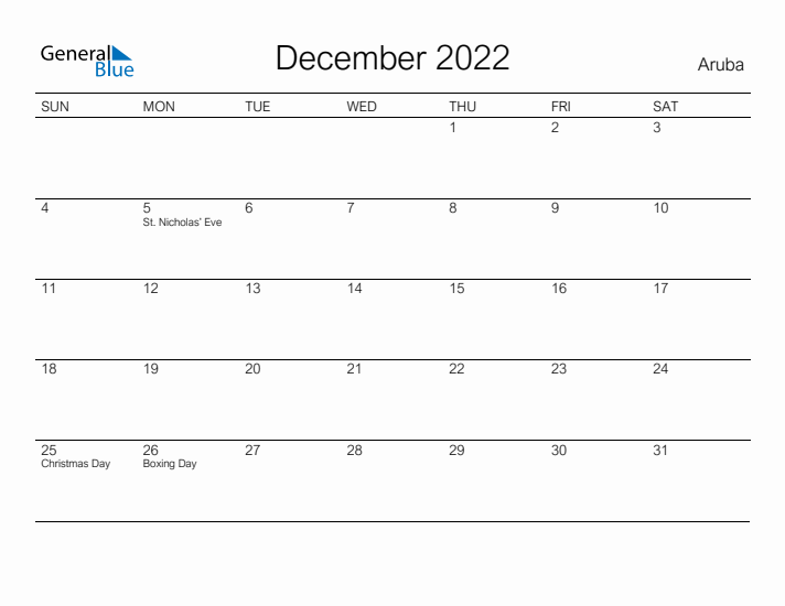 Printable December 2022 Calendar for Aruba