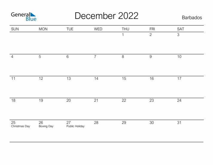 Printable December 2022 Calendar for Barbados