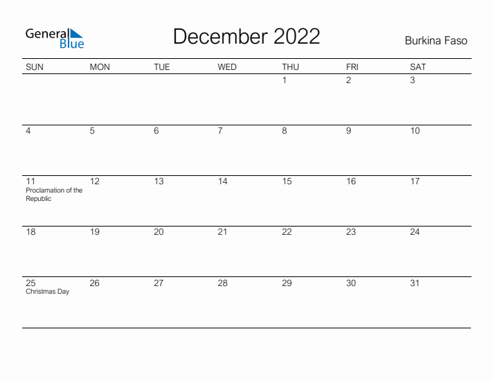 Printable December 2022 Calendar for Burkina Faso