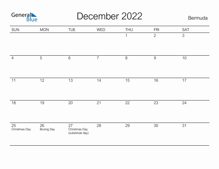 Printable December 2022 Calendar for Bermuda