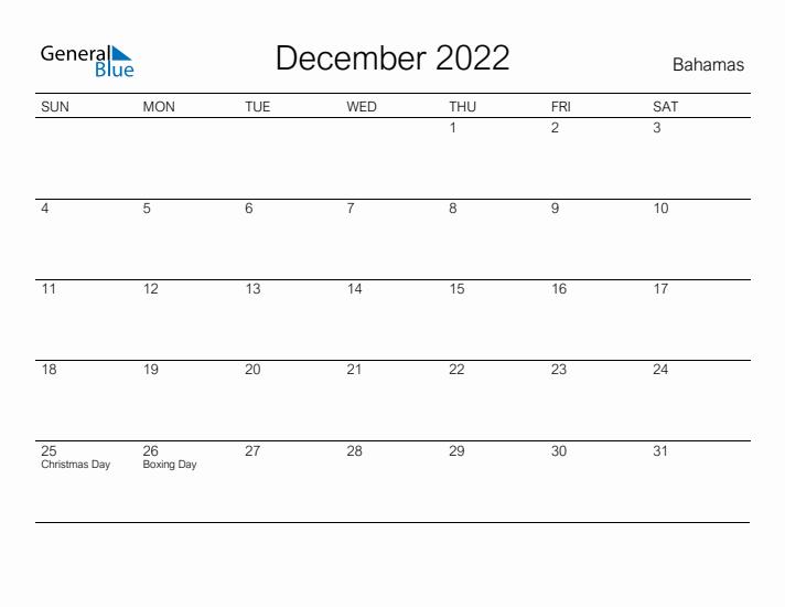 Printable December 2022 Calendar for Bahamas