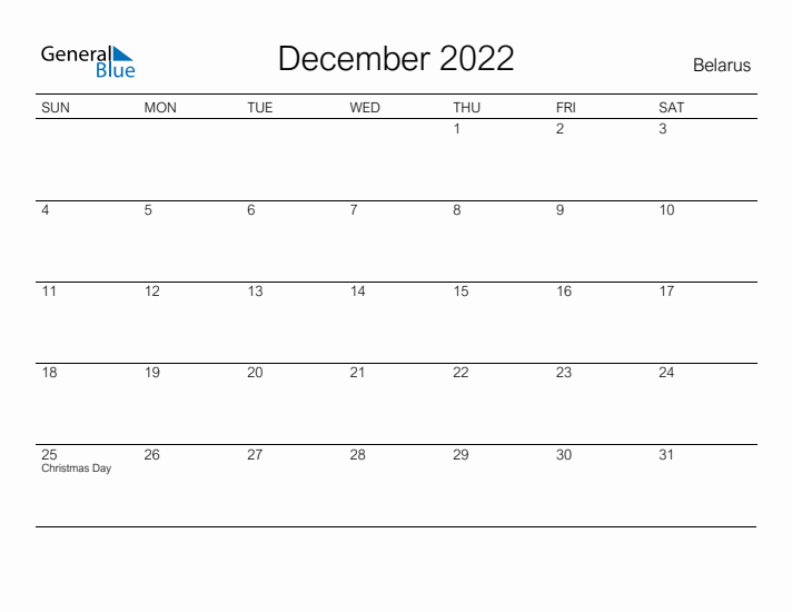 Printable December 2022 Calendar for Belarus