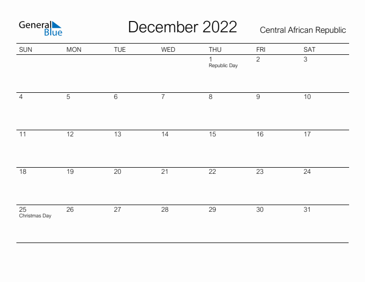 Printable December 2022 Calendar for Central African Republic