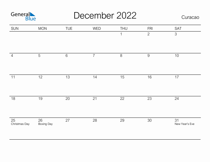 Printable December 2022 Calendar for Curacao