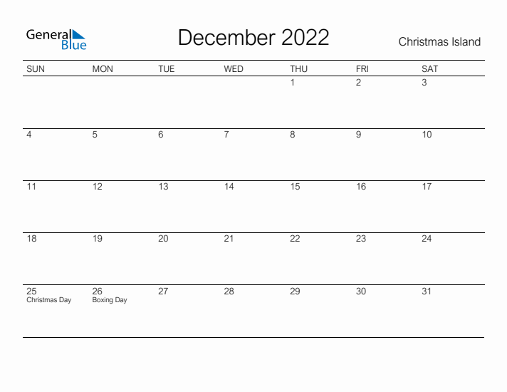 Printable December 2022 Calendar for Christmas Island