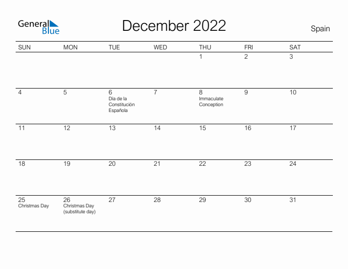 Printable December 2022 Calendar for Spain