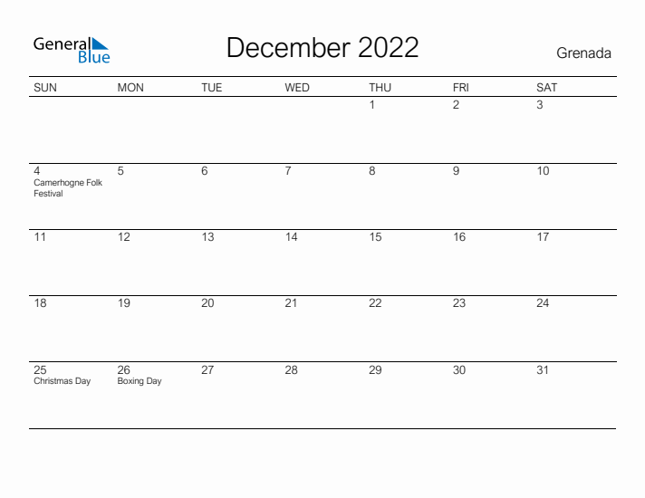 Printable December 2022 Calendar for Grenada