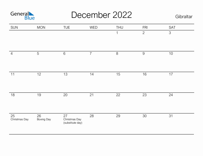 Printable December 2022 Calendar for Gibraltar