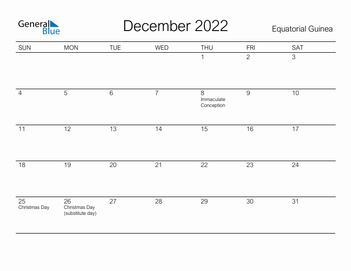 Printable December 2022 Calendar for Equatorial Guinea