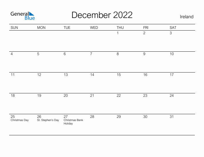 Printable December 2022 Calendar for Ireland