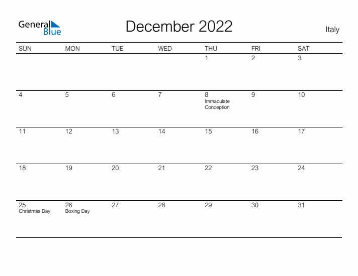 Printable December 2022 Calendar for Italy