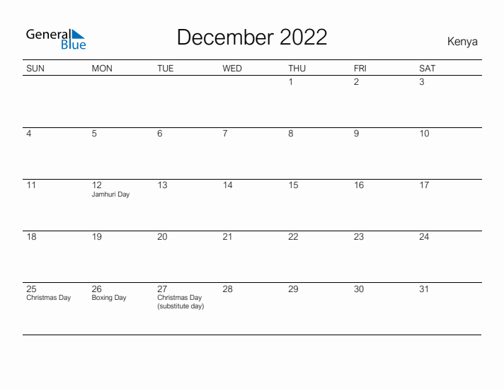 Printable December 2022 Calendar for Kenya