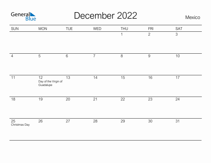 Printable December 2022 Calendar for Mexico