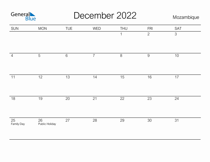 Printable December 2022 Calendar for Mozambique
