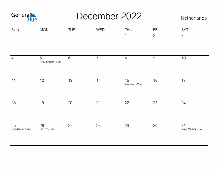 Printable December 2022 Calendar for The Netherlands
