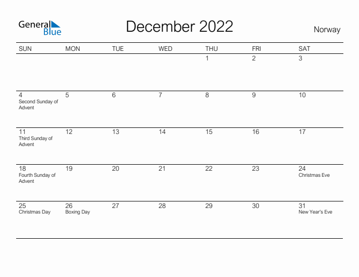 Printable December 2022 Calendar for Norway