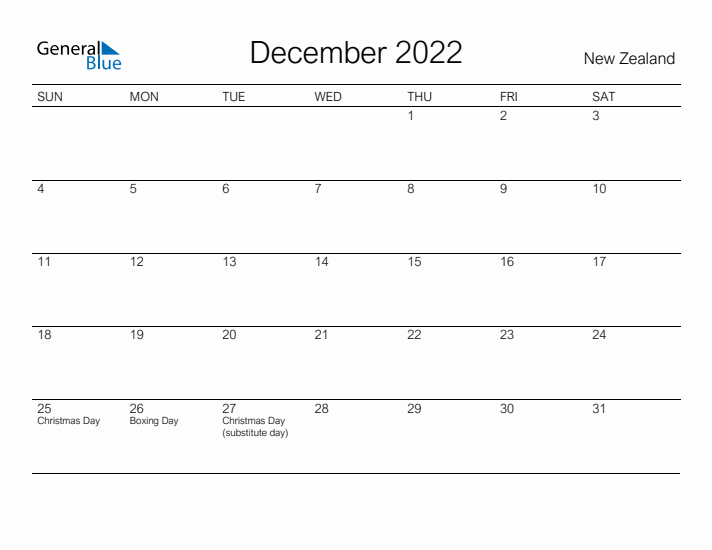 Printable December 2022 Calendar for New Zealand