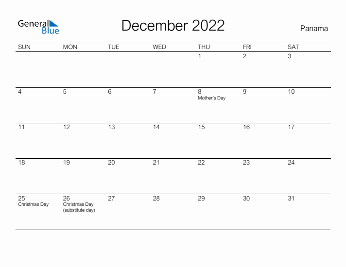Printable December 2022 Calendar for Panama