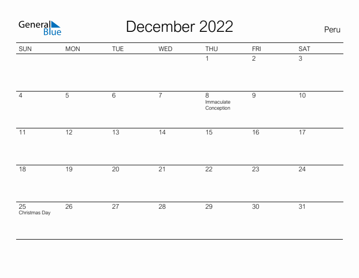 Printable December 2022 Calendar for Peru