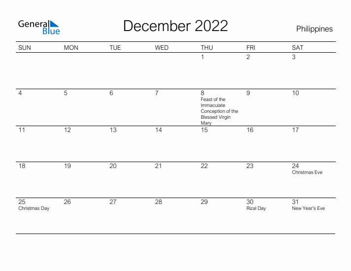 Printable December 2022 Calendar for Philippines