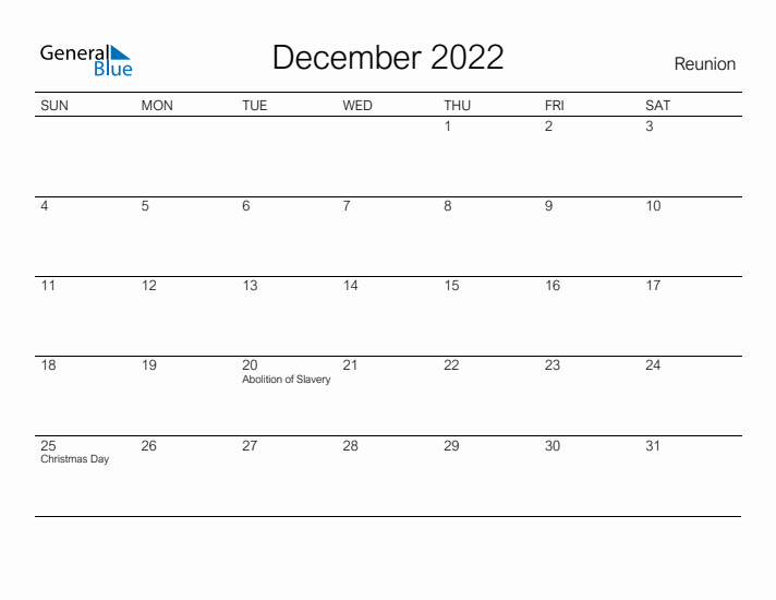 Printable December 2022 Calendar for Reunion