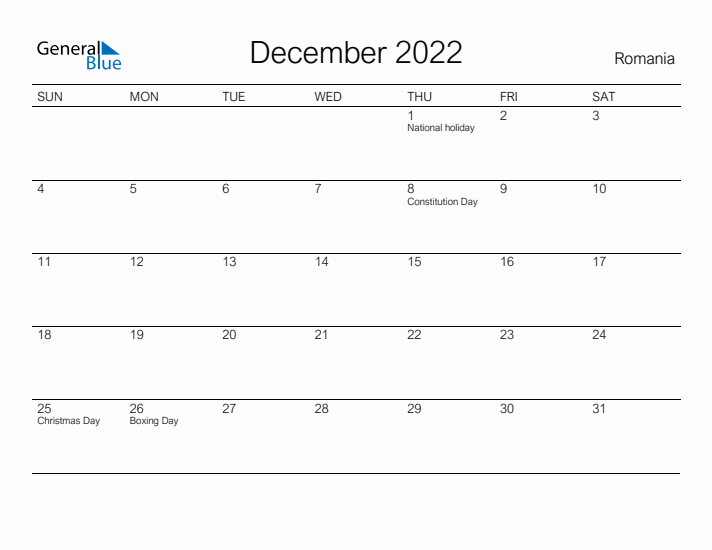 Printable December 2022 Calendar for Romania