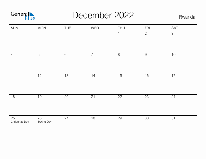 Printable December 2022 Calendar for Rwanda