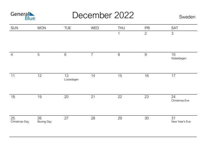 Printable December 2022 Calendar for Sweden