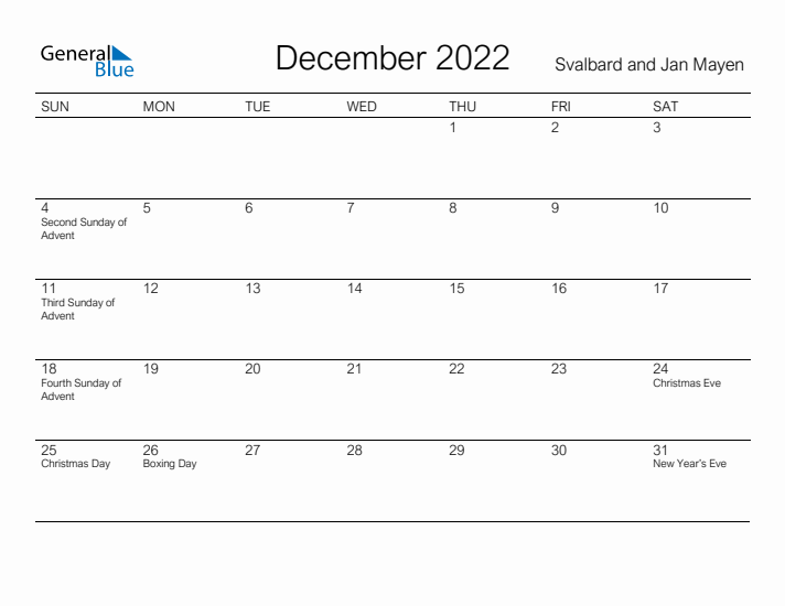 Printable December 2022 Calendar for Svalbard and Jan Mayen