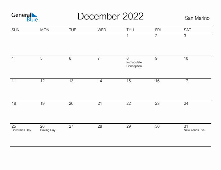 Printable December 2022 Calendar for San Marino