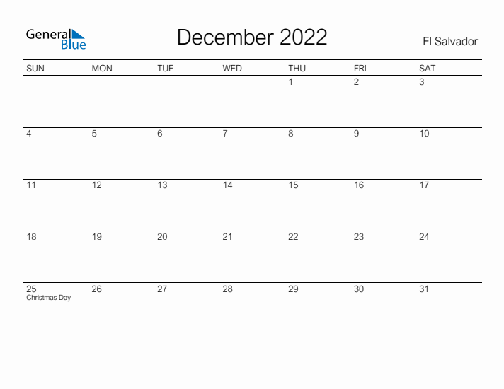 Printable December 2022 Calendar for El Salvador