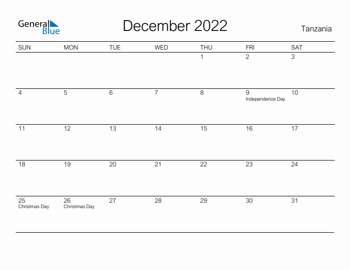 Printable December 2022 Calendar for Tanzania