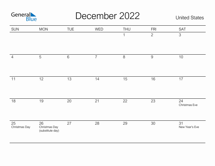 Printable December 2022 Calendar for United States