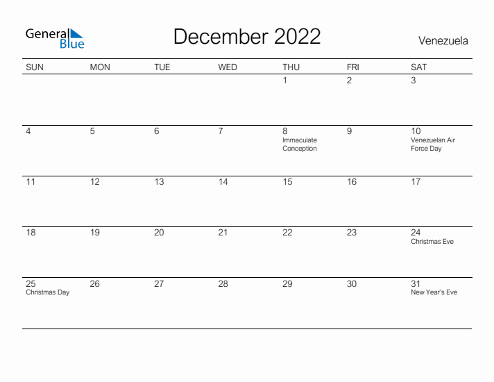 Printable December 2022 Calendar for Venezuela