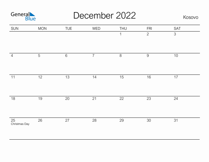 Printable December 2022 Calendar for Kosovo