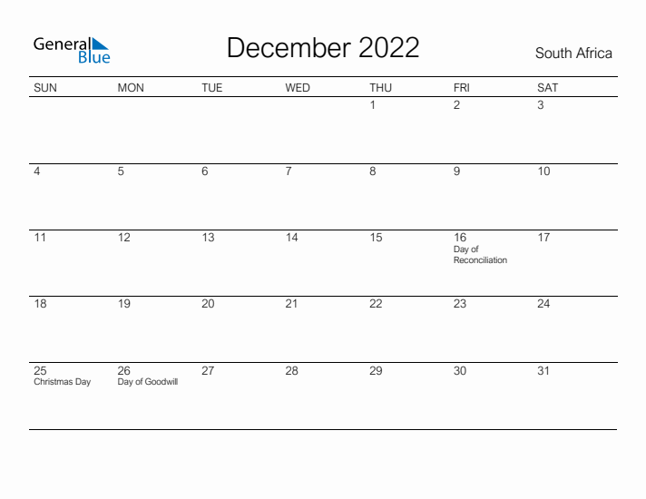 Printable December 2022 Calendar for South Africa
