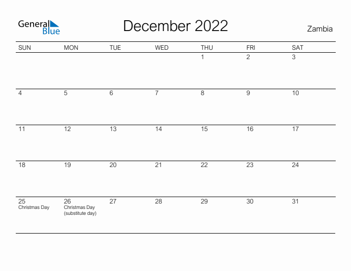 Printable December 2022 Calendar for Zambia