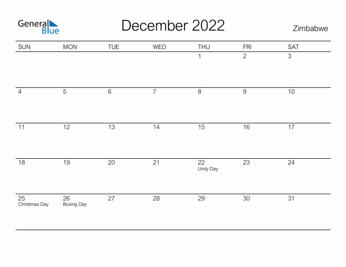 Printable December 2022 Calendar for Zimbabwe