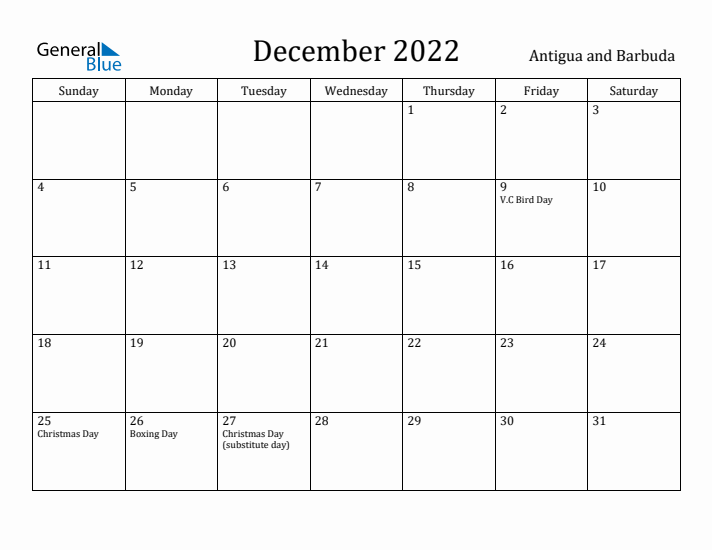 December 2022 Calendar Antigua and Barbuda