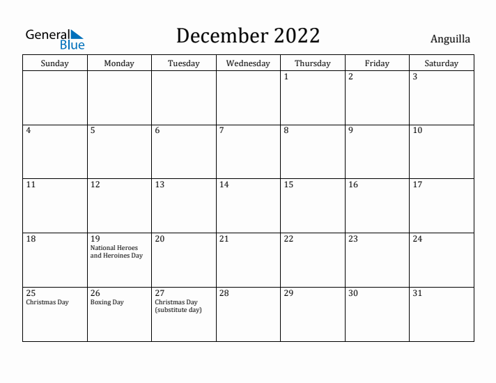 December 2022 Calendar Anguilla