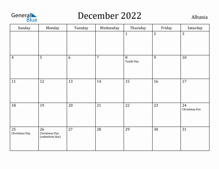 December 2022 Calendar Albania