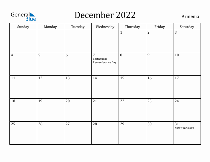 December 2022 Calendar Armenia