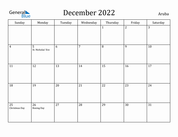 December 2022 Calendar Aruba