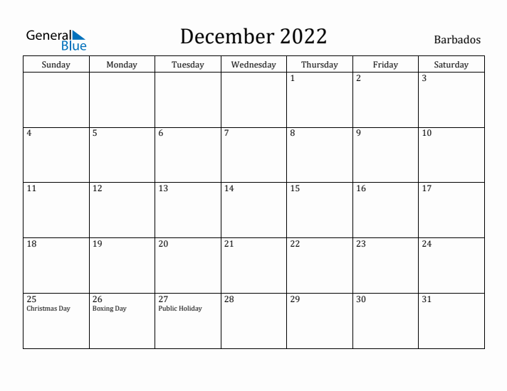 December 2022 Calendar Barbados